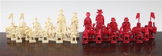 A 19th century Cantonese carved and stained ivory chess set, kings 3.75in.